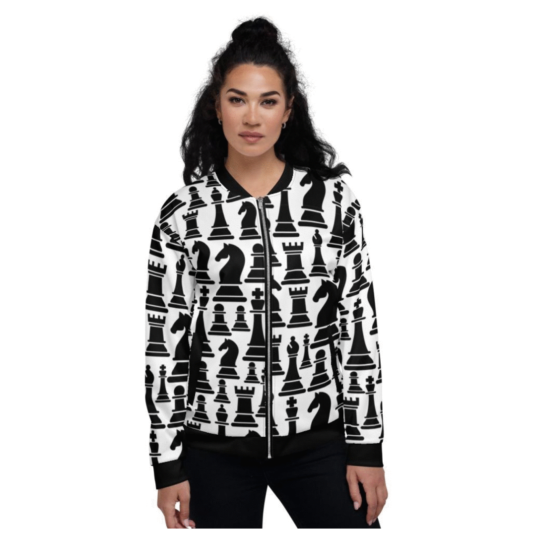 Womens Jacket - Black and White Chess Style Bomber Jacket