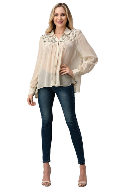 Embroidered Sheer Button-Up Blouse – Casual Elegance