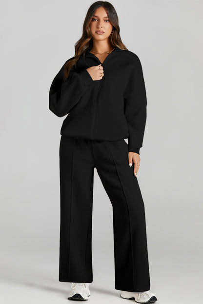 Burgundy Drop Shoulder Zip Up Jacket Drawstring Pants Active 2pcs Set