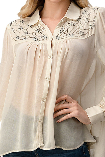 Embroidered Sheer Button-Up Blouse – Casual Elegance