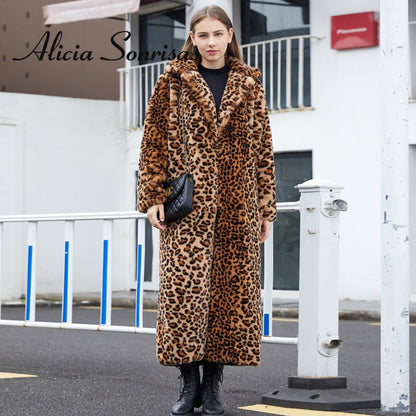 Winter Women's Faux Fur Leopard Print Rabbit Tailored Collar Warm