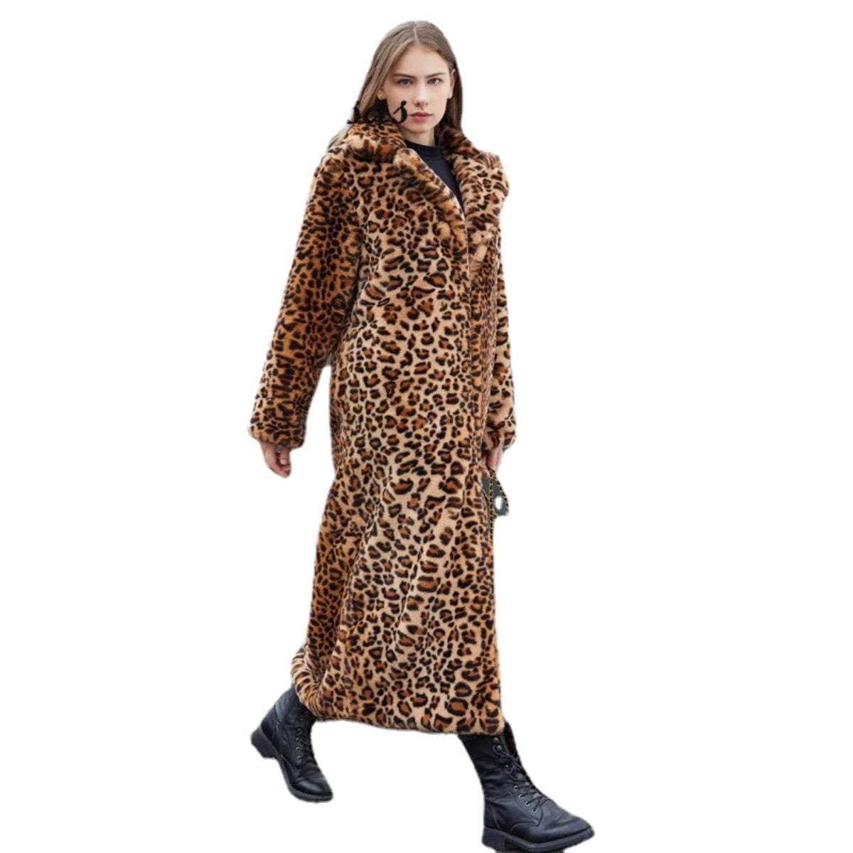 Winter Women's Faux Fur Leopard Print Rabbit Tailored Collar Warm