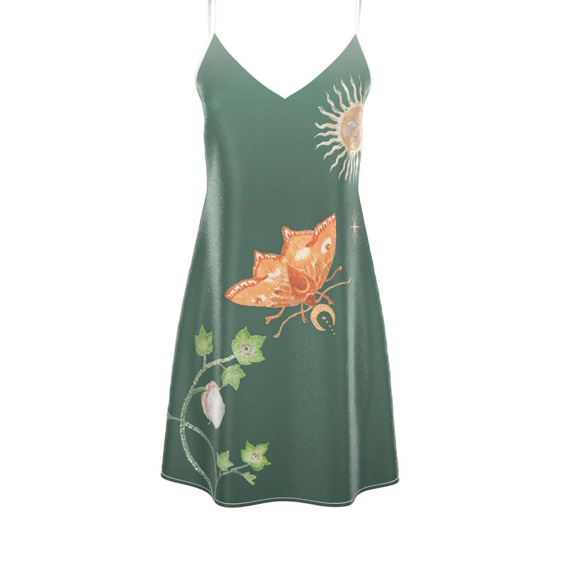 Vela Silk Slip Dress in Green Jungle Butterfly