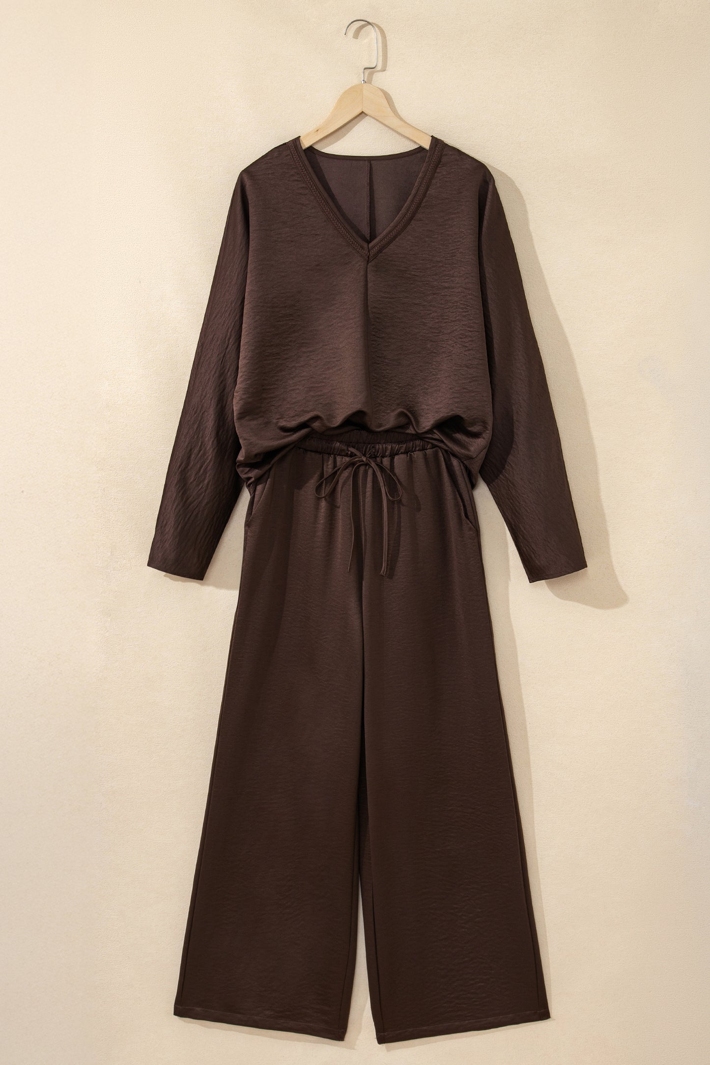 Dark Brown Braided V Neck Long Sleeve Loose Top and Drawstring High Waist Pants 2pcs Outfit