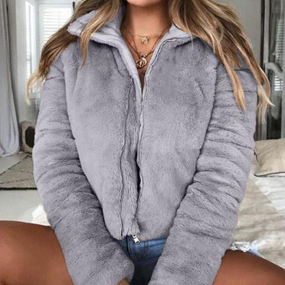 Turndown collar faux fur jackets Women long sleeve zipper