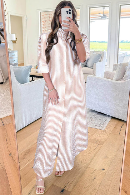Khaki Stripe Frilled Collar Half Sleeve Shirt Maxi Dress