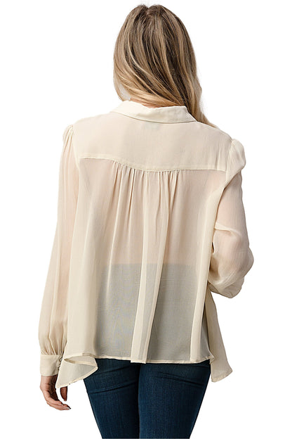 Embroidered Sheer Button-Up Blouse – Casual Elegance