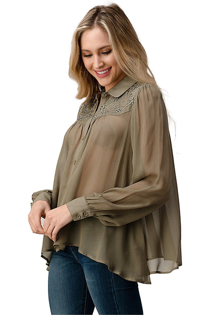 Embroidered Sheer Button-Up Blouse – Casual Elegance