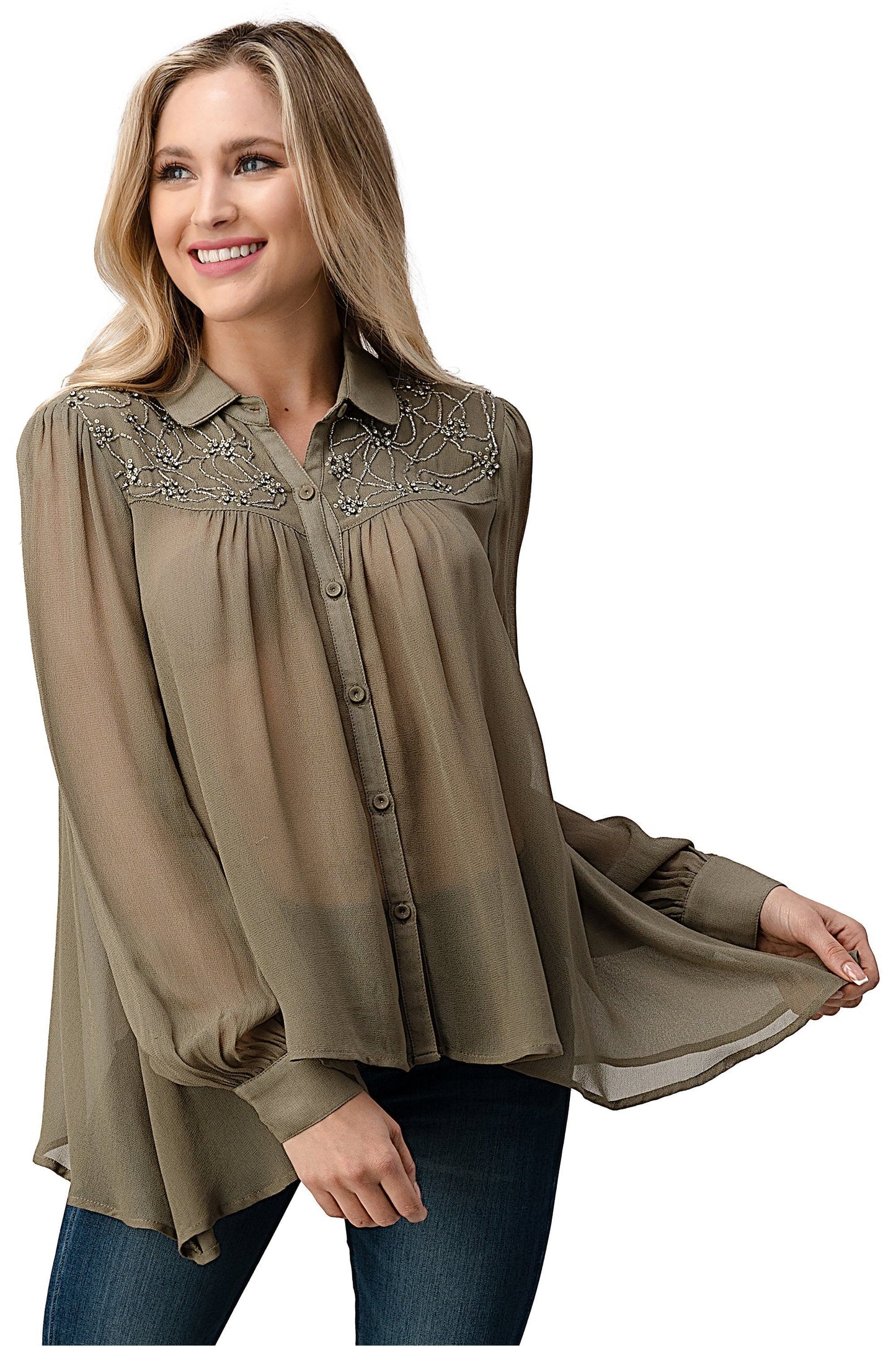 Embroidered Sheer Button-Up Blouse – Casual Elegance