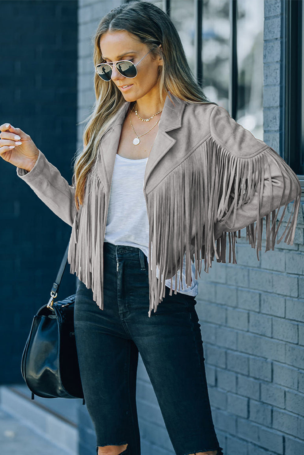 Green Cropped Fringe Faux Suede Jacket