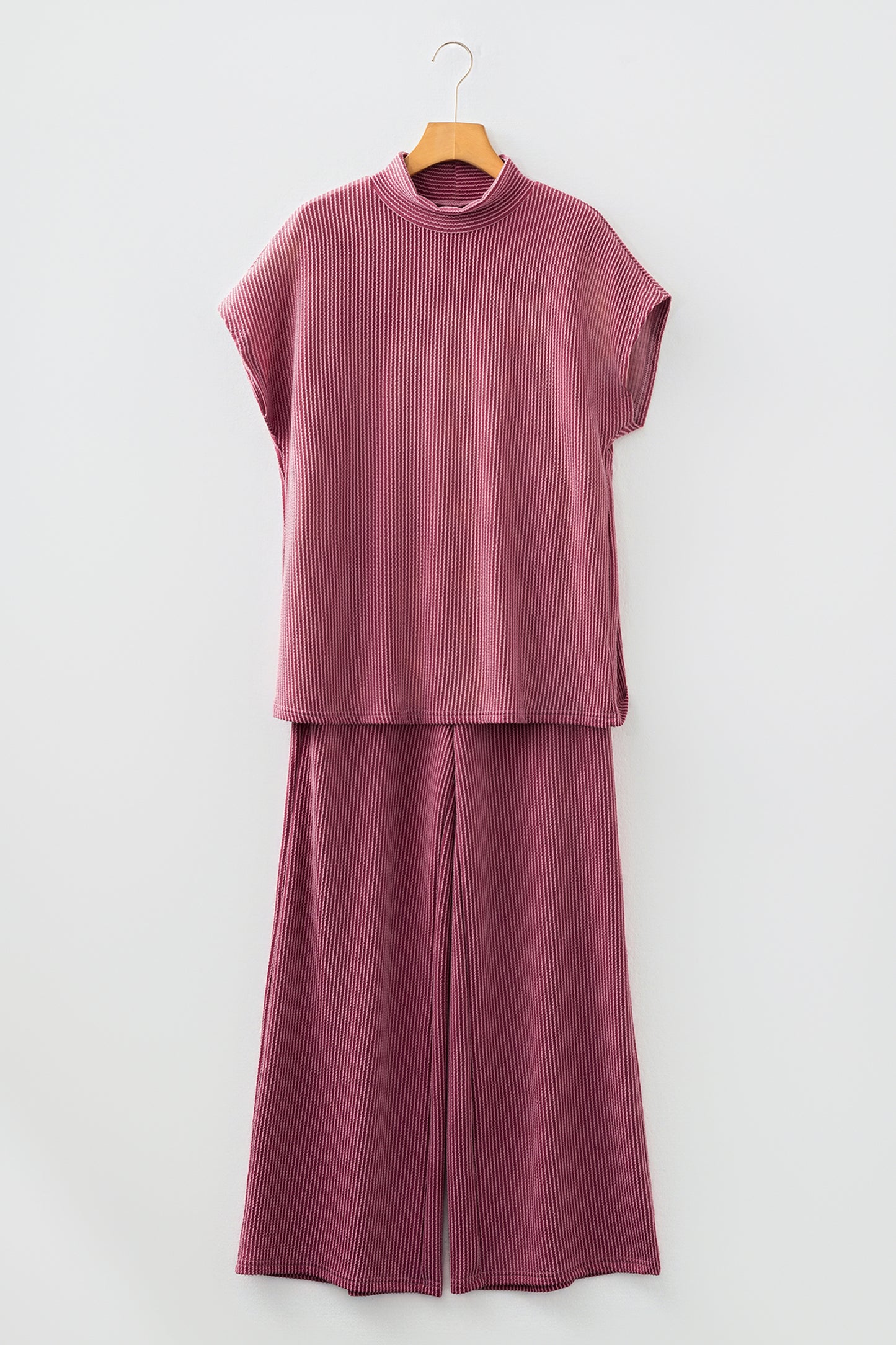 Burgundy Twisted Ribbed High Neck Loose Tee Elastic High Waist Loose Pant Set