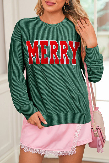 Blackish Green Twisted Rib Merry Letter Graphic Loose Long Sleeve Top