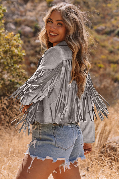 Green Cropped Fringe Faux Suede Jacket