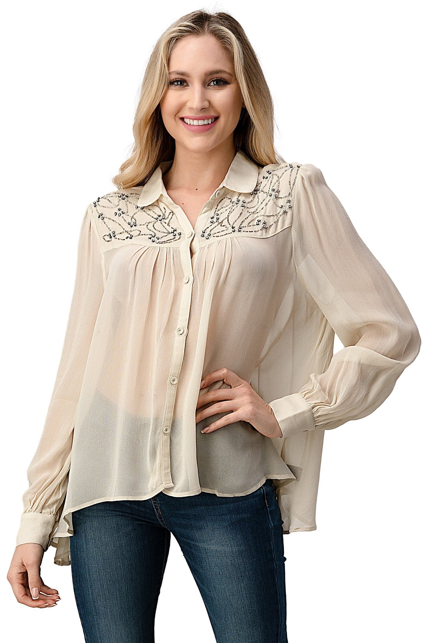 Embroidered Sheer Button-Up Blouse – Casual Elegance