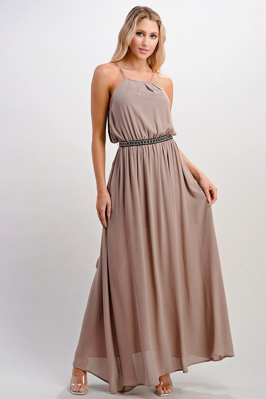 Halter Neck Maxi Dress with Beaded Waist Detail