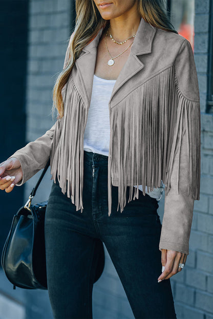 Green Cropped Fringe Faux Suede Jacket