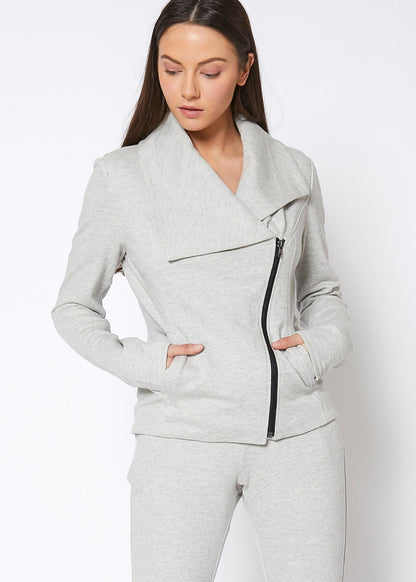 Women's Oversized Collar Zip-Up Moto Jacket In Heather Grey