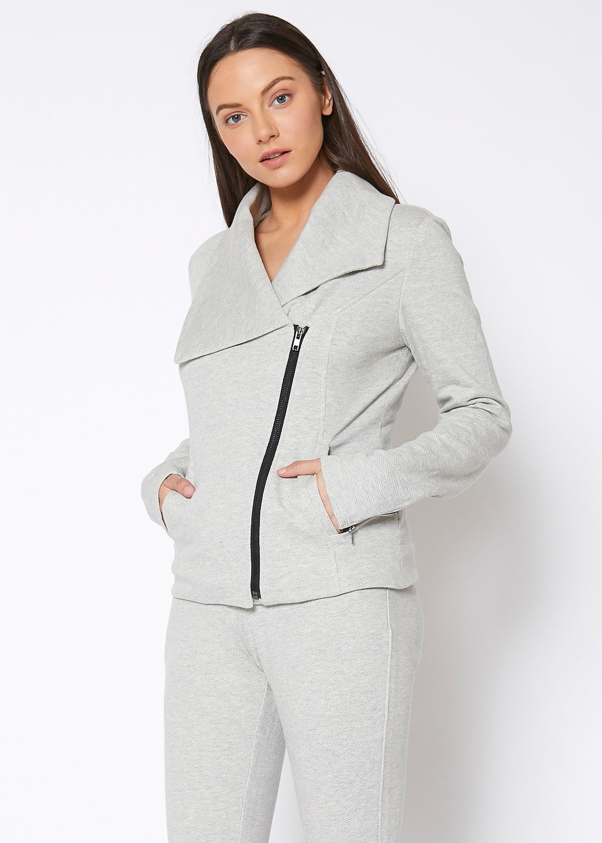 Women's Oversized Collar Zip-Up Moto Jacket In Heather Grey