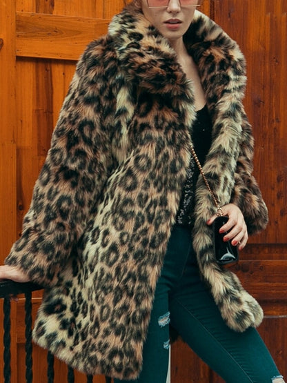 Leopard Print Faux Fur Coat Women Winter Long Sleeve Turn-down