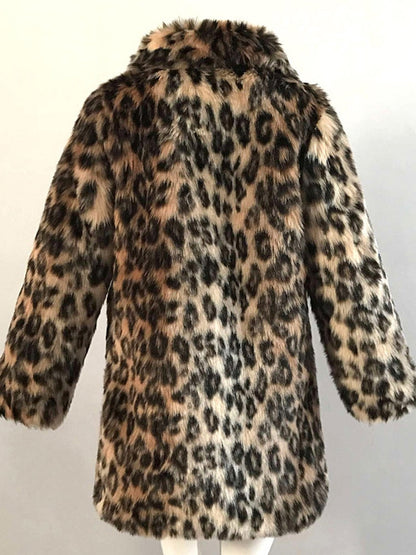 Leopard Print Faux Fur Coat Women Winter Long Sleeve Turn-down