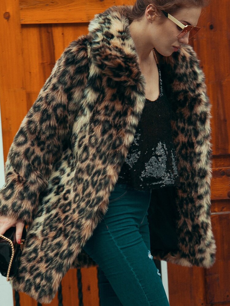 Leopard Print Faux Fur Coat Women Winter Long Sleeve Turn-down