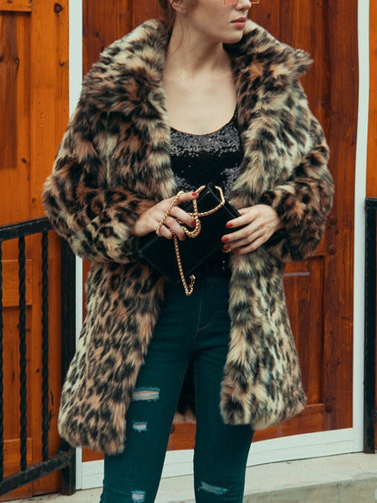 Leopard Print Faux Fur Coat Women Winter Long Sleeve Turn-down