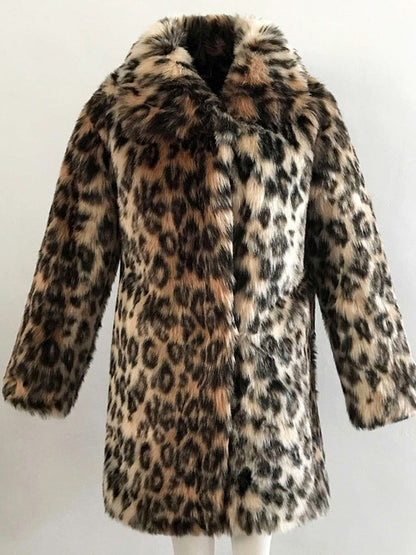 Leopard Print Faux Fur Coat Women Winter Long Sleeve Turn-down