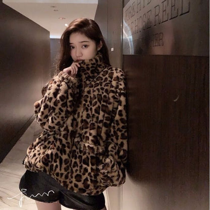 Winter Leopard Print Jacket Women's Stand collar Warm Parkas Outwear