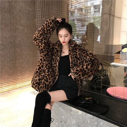 Winter Leopard Print Jacket Women's Stand collar Warm Parkas Outwear