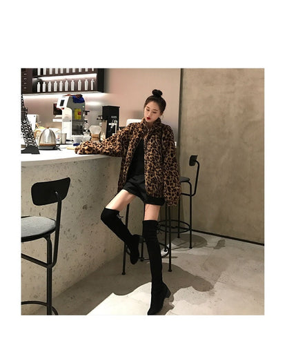 Winter Leopard Print Jacket Women's Stand collar Warm Parkas Outwear