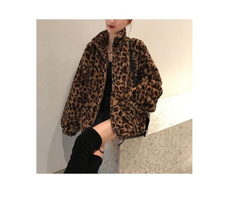 Winter Leopard Print Jacket Women's Stand collar Warm Parkas Outwear