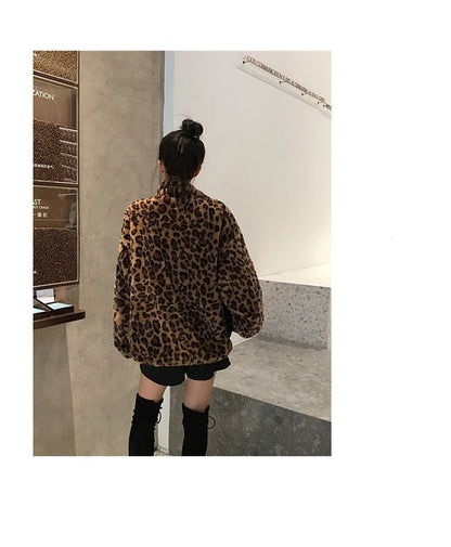 Winter Leopard Print Jacket Women's Stand collar Warm Parkas Outwear