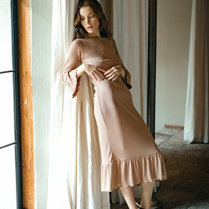 MARJORIE Ruffle Rib Dress, in Camel Brown