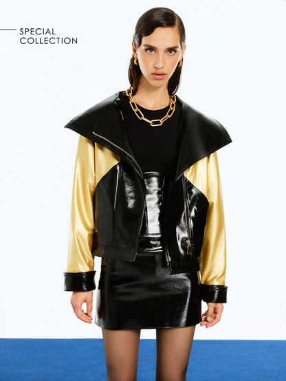 Wide Collar Patent Faux Leather Jacket