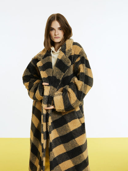 Double Breasted Plaid Faux Fur Coat