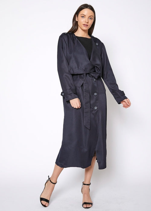 Women's Tie Waist Maxi Trench Coat