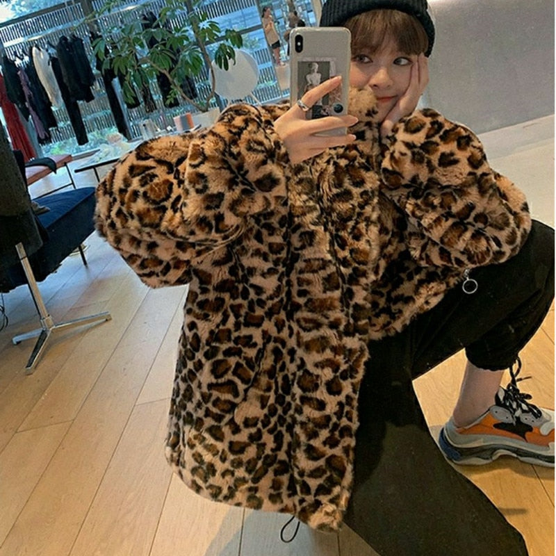 Winter Leopard Print Jacket Women's Stand collar Warm Parkas Outwear