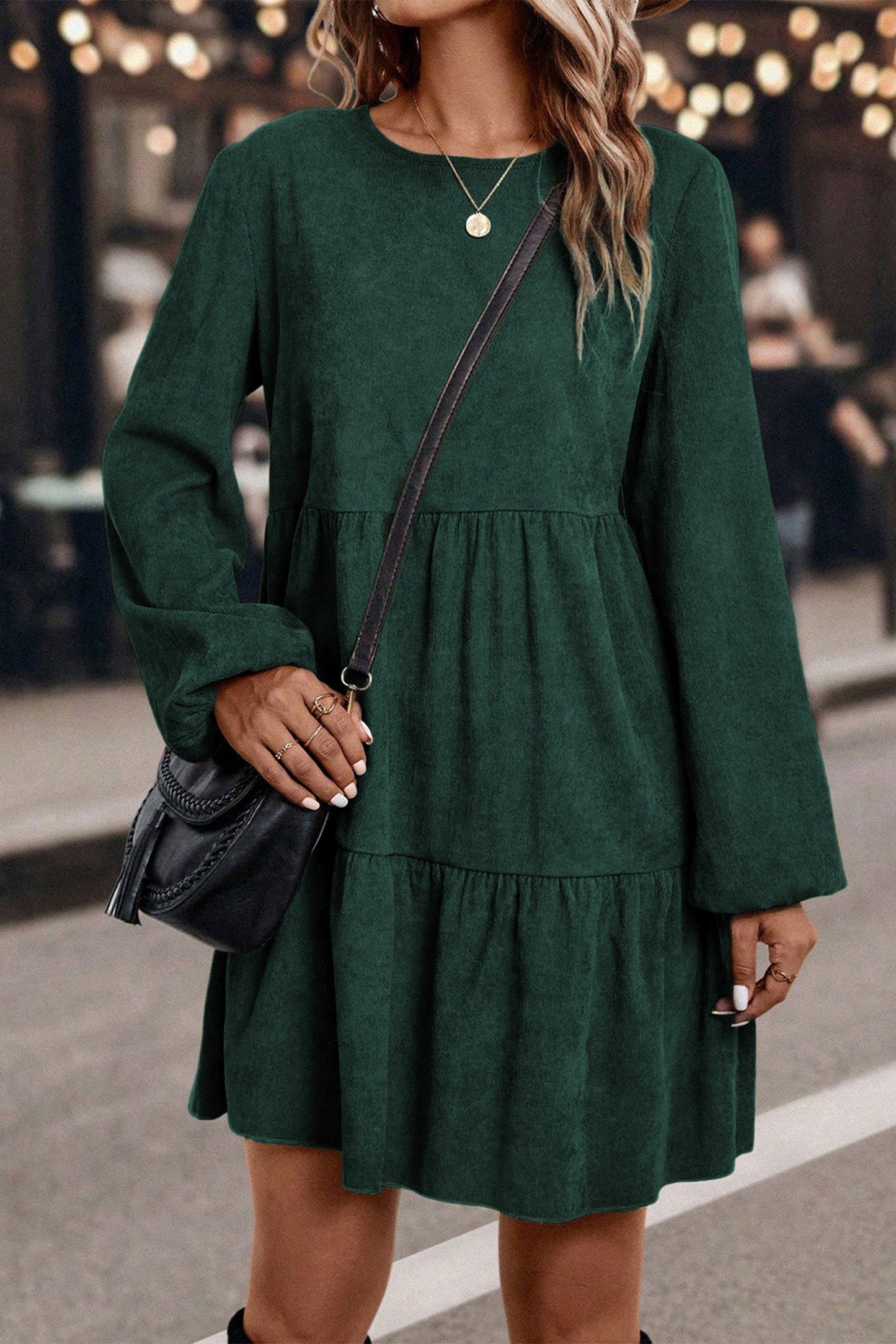 Black Lantern Sleeve Tiered Mini Dress