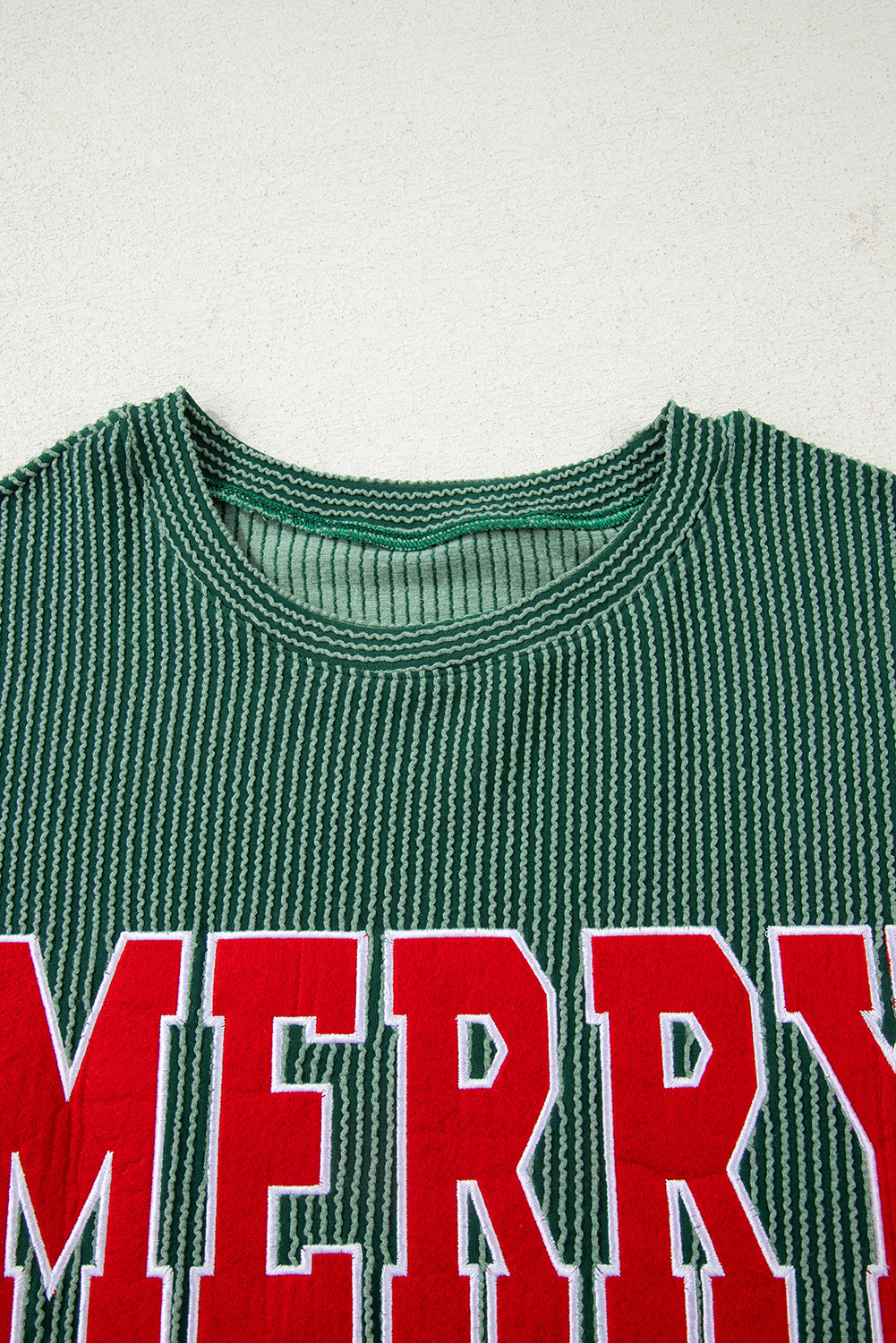 Blackish Green Twisted Rib Merry Letter Graphic Loose Long Sleeve Top