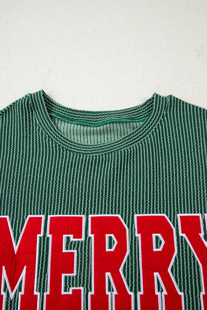 Blackish Green Twisted Rib Merry Letter Graphic Loose Long Sleeve Top
