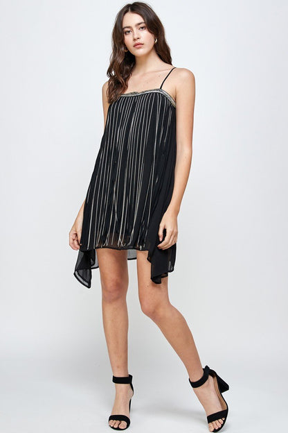 Flowy Sleeveless Mini Dress with Metallic Accents