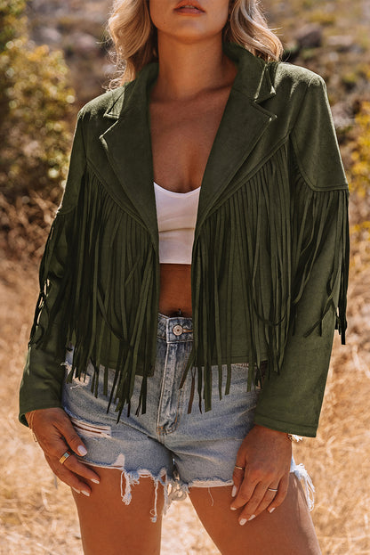 Green Cropped Fringe Faux Suede Jacket
