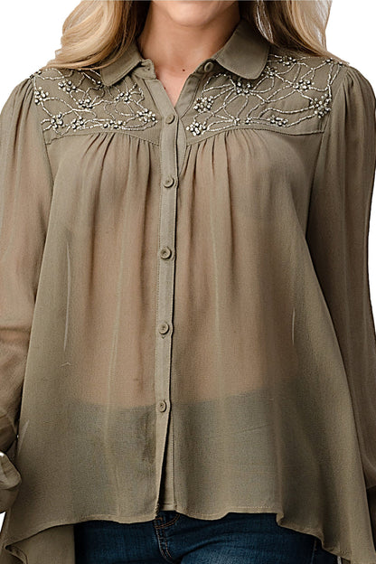 Embroidered Sheer Button-Up Blouse – Casual Elegance