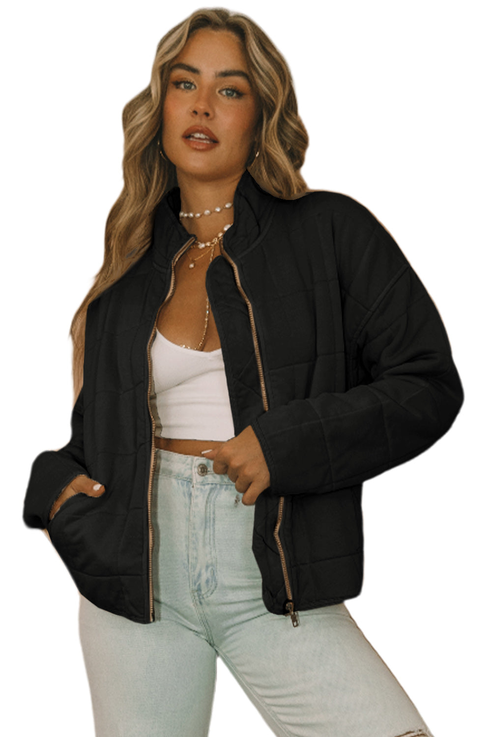 Khaki Zip-Up Pocket Quilted Jacket