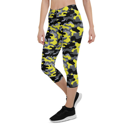 Yellow and Gray Camo Capri Leggings