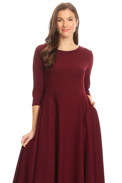 Midi, A-Line Dress with 3/4 Sleeves and Pockets