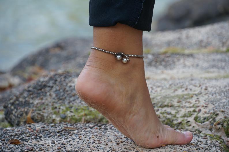 Turquoise Teardrop Bead Boho Silver Anklet