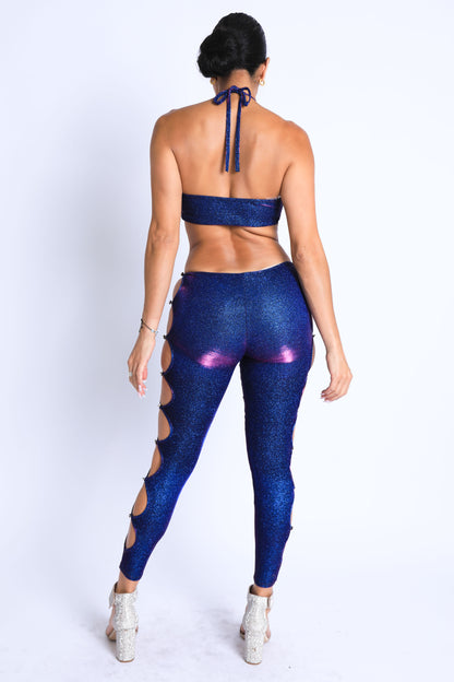 Glittery Cutout Halter Neck Keyhole Sexy Party Jumpsuit BLUE/FUCHSIA