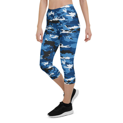 Blue Camo Sports Capri Leggings