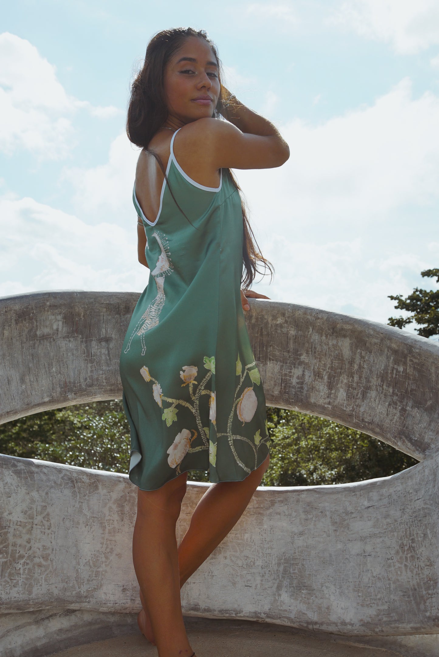 Vela Silk Slip Dress in Green Jungle Butterfly